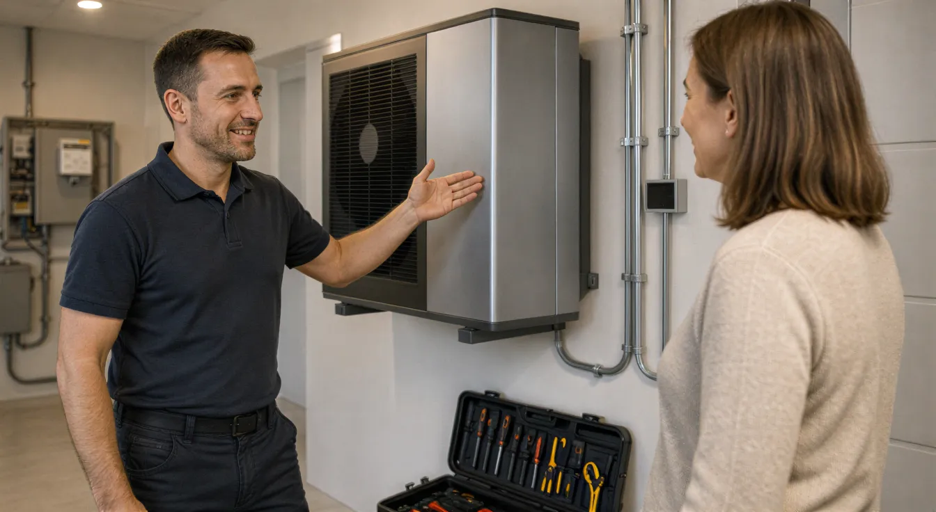 Ein Elektriker erklärt einem Hausbesitzer eine neu installierte Wärmepumpe in einem modernen Technikraum.