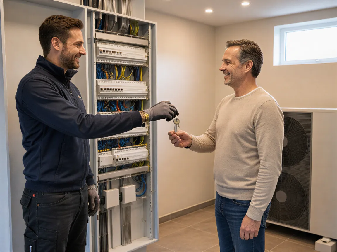 Ein Elektriker übergibt Hausschlüssel an den Hausbesitzer in einem modernen Elektroraum mit neuer Wärmepumpe.