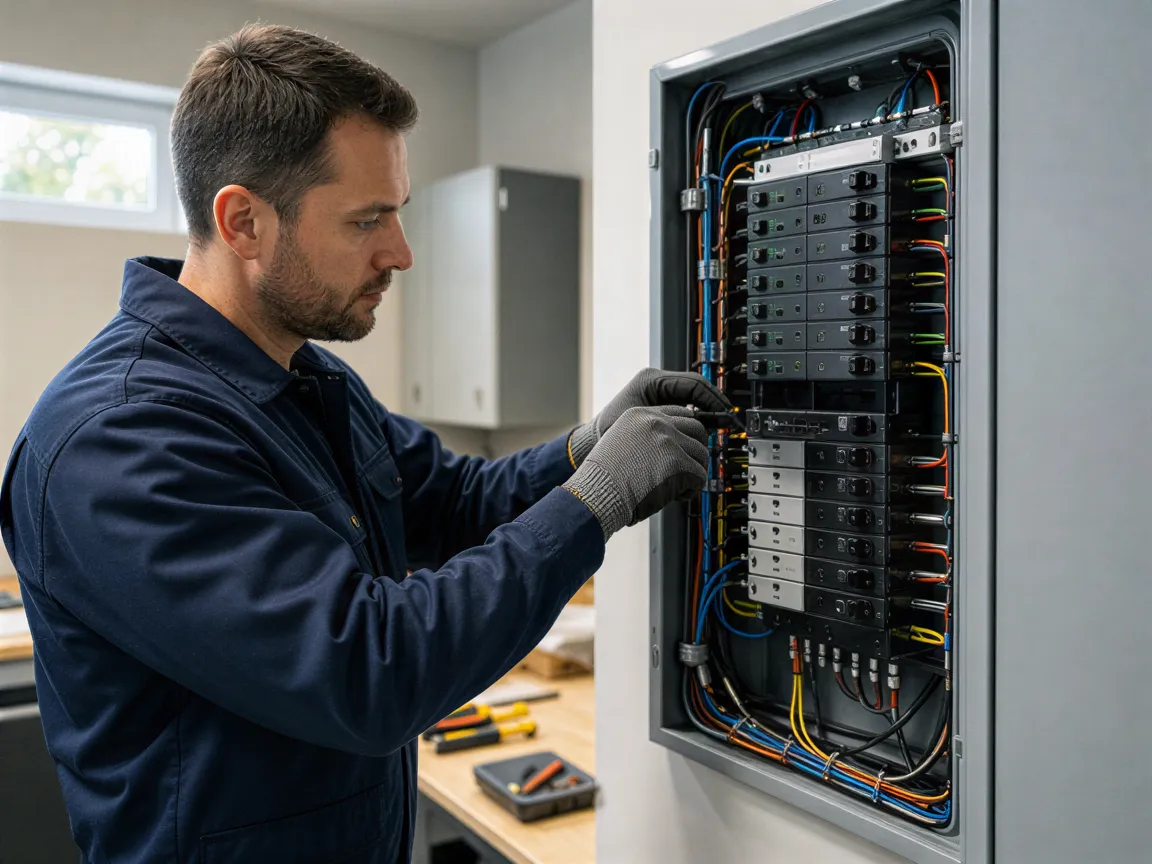 Ein Elektriker in einem modernen Wohnungsverteilerraum verbindet sorgfältig Drähte in einem grauen Sicherungskasten.