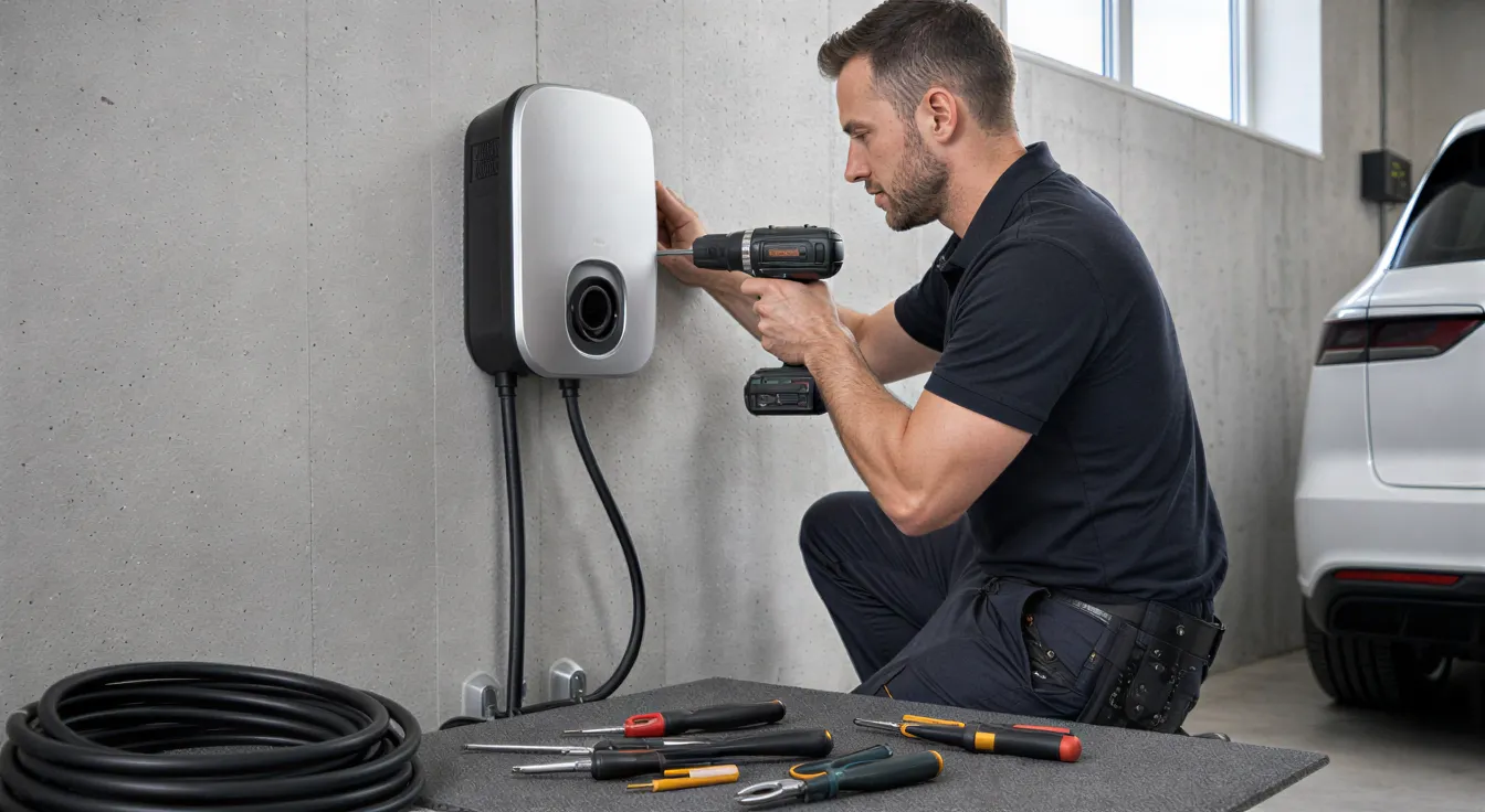 Ein Elektriker installiert eine weiße Wallbox-Ladestation an einer Betonwand in einem modernen Technikraum.