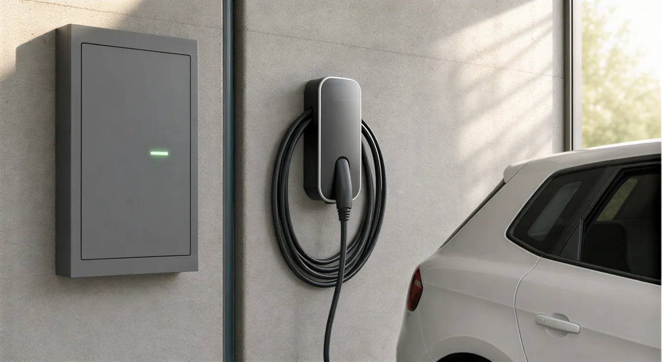 Ein moderner Elektroraum mit grauer Schalttafel und grüner Kontrollleuchte, daneben eine Wandladestation für Elektroautos.