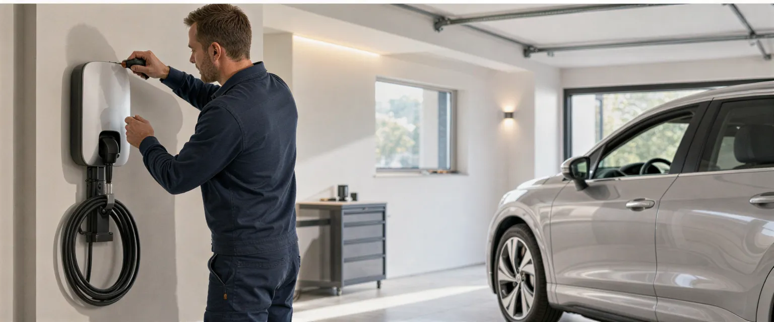 Ein Elektriker installiert eine moderne Wallbox-Ladestation an einer hellen Garagenwand.