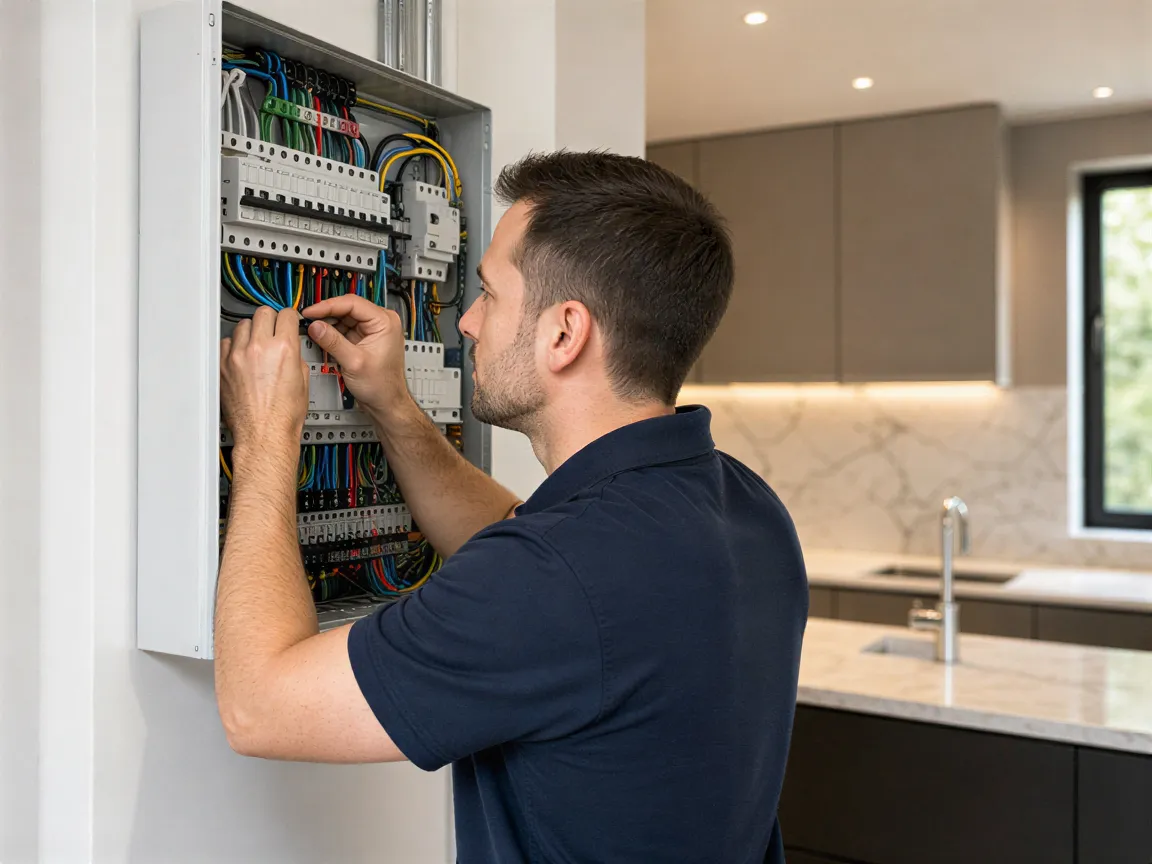Ein Elektriker installiert präzise Verkabelung in einem modernen Küchenschrank mit Marmorarbeitsplatte.