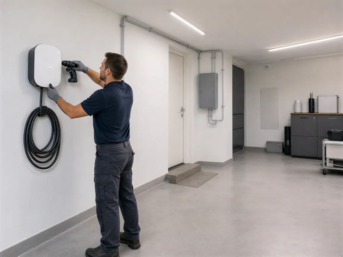 Ein Elektriker installiert eine moderne Wallbox für Elektroautos an einer weißen Garagenwand.