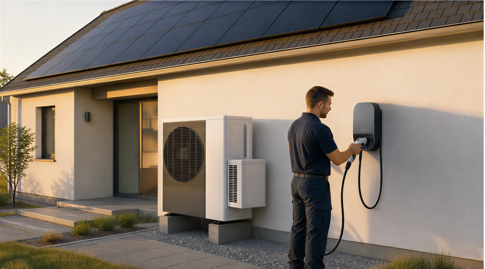 Ein Elektriker inspiziert eine neue Wallbox neben einer Wärmepumpe an einem Haus mit Solaranlage auf dem Dach.