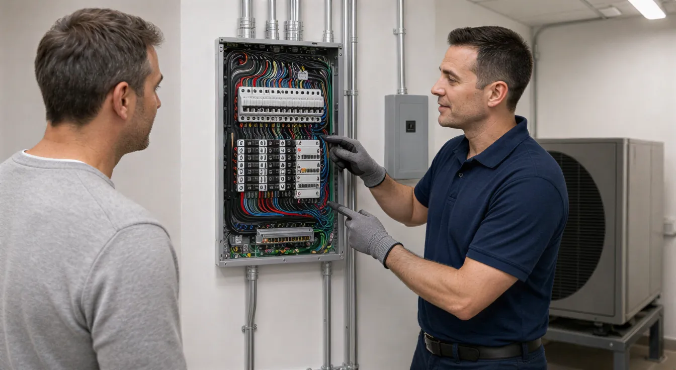 Ein Elektriker erklärt einem Hausbesitzer den farblich kodierten Sicherungskasten in einem modernen Technikraum.