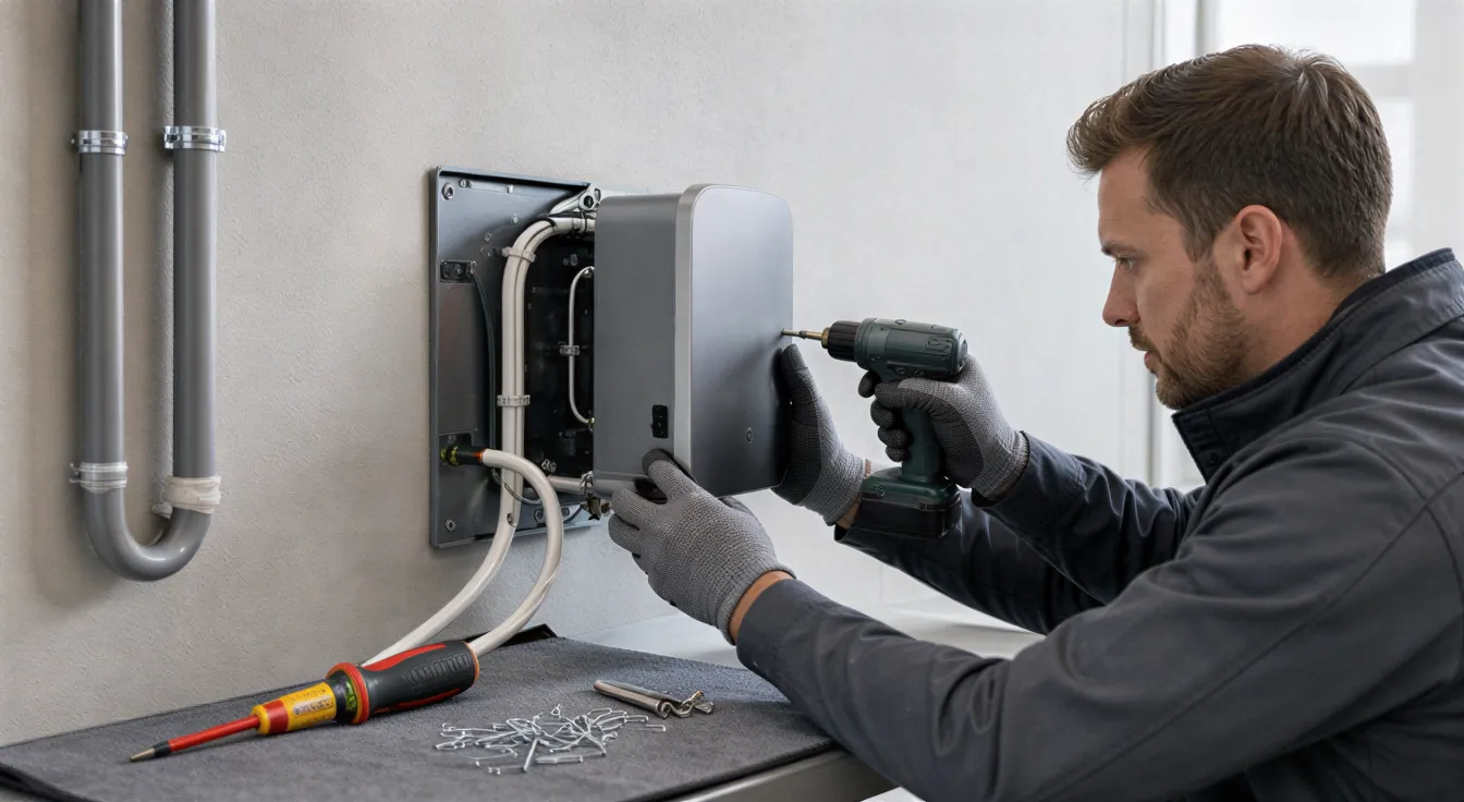 Ein Elektriker installiert eine moderne Elektro-Wanddose in einer hellen Garage, während Werkzeuge bereitliegen.