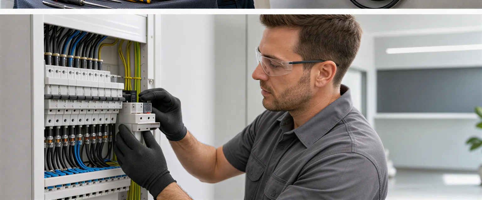Ein Elektriker installiert sorgfältig einen modernen Sicherungsautomaten in einem weißen Verteilerkasten.
