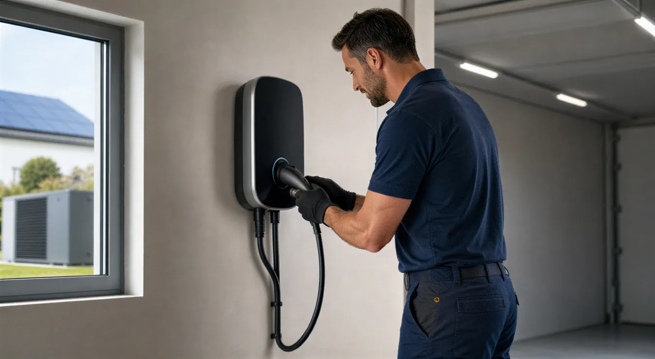 Ein Elektriker überprüft eine Wandladestation in einer sauberen, modernen Garagenumgebung.