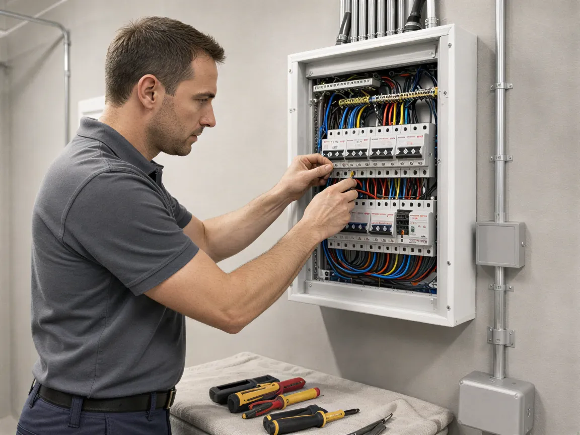 Ein Elektriker in grauem Polohemd verbindet sorgfältig Kabel in einem weißen Verteilerkasten.