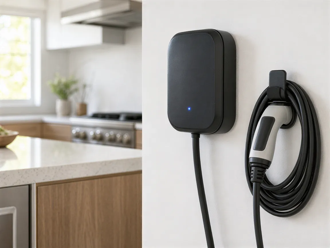 Ein neu installierter Wandladegerät für Elektroautos in einer modernen Küche, Kabel ordentlich aufgerollt.