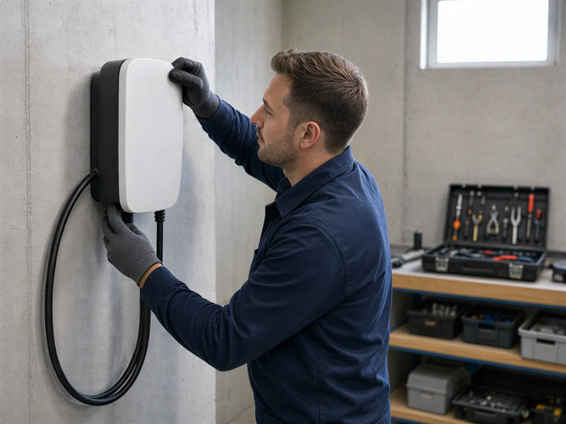 Ein Elektriker installiert eine weiße Ladestation an einer grauen Betonwand in einem modernen Technikraum.