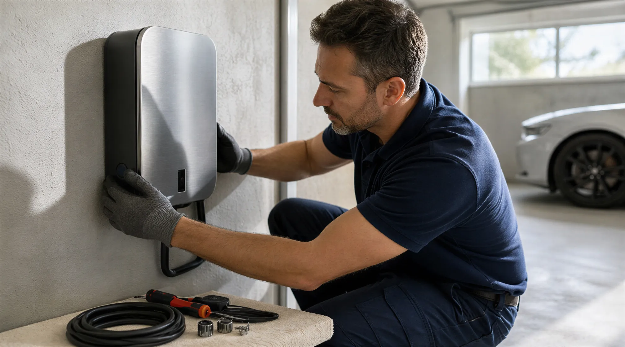 Ein Elektriker installiert eine moderne Wallbox für Elektroautos an einer hellgrauen Garagenwand.