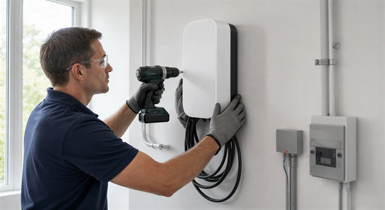 Ein Elektriker installiert eine weiße Wallbox-Ladestation für Elektroautos in einem modernen Hauswirtschaftsraum.
