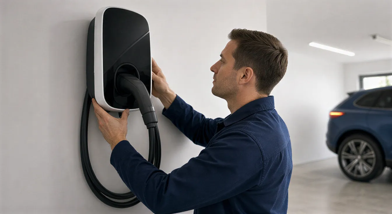 Ein Elektriker installiert eine moderne Wallbox-Ladestation an einer weißen Garagenwand.