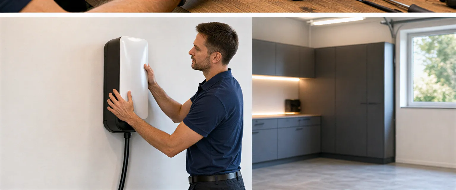 Ein Elektriker installiert eine moderne Wallbox-Ladestation an einer weißen Wand in einer sauberen Garage.