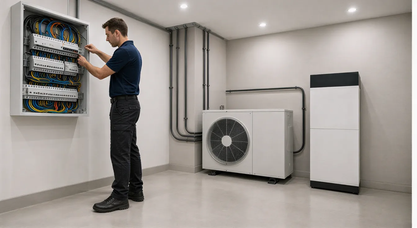 Ein Elektriker schließt die letzte Verbindung an einem farbcodierten Verteilerkasten in einem modernen Technikraum an.