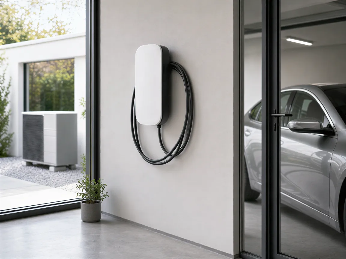 Eine weiße Wallbox zum Laden von Elektroautos an einer hellgrauen Wand neben einer Glastür in einem modernen Haus.