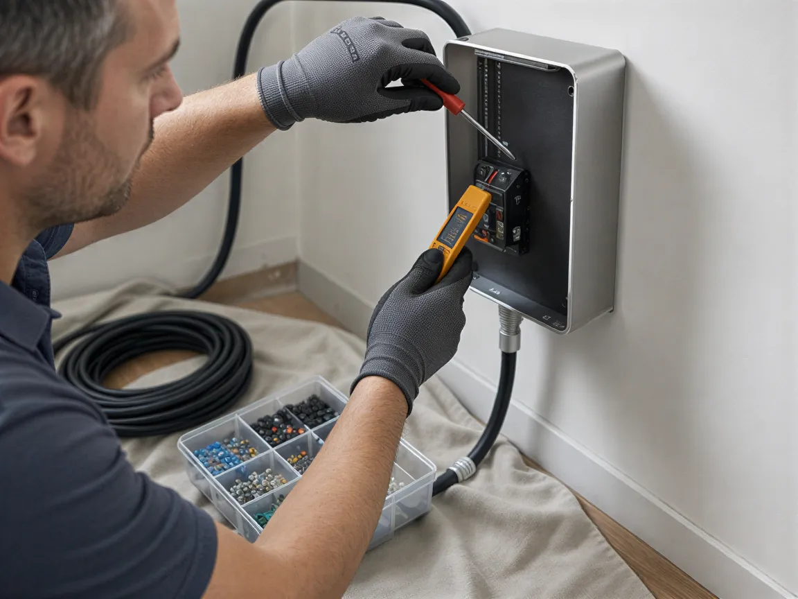 Ein Elektriker installiert eine moderne Wanddose in einer sauberen Hauswand mit Werkzeugen und Kabeln.