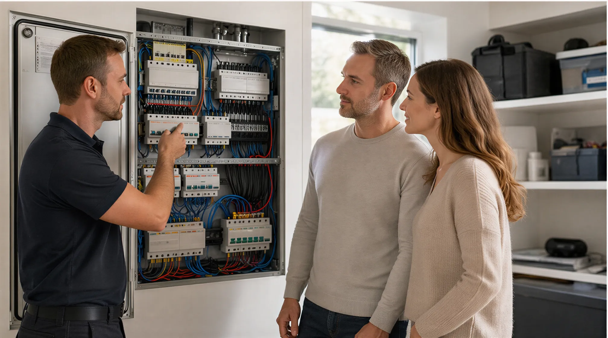 Ein Elektriker erklärt einem Ehepaar die Komponenten eines modernen Elektroverteilers in einem hellen Technikraum.