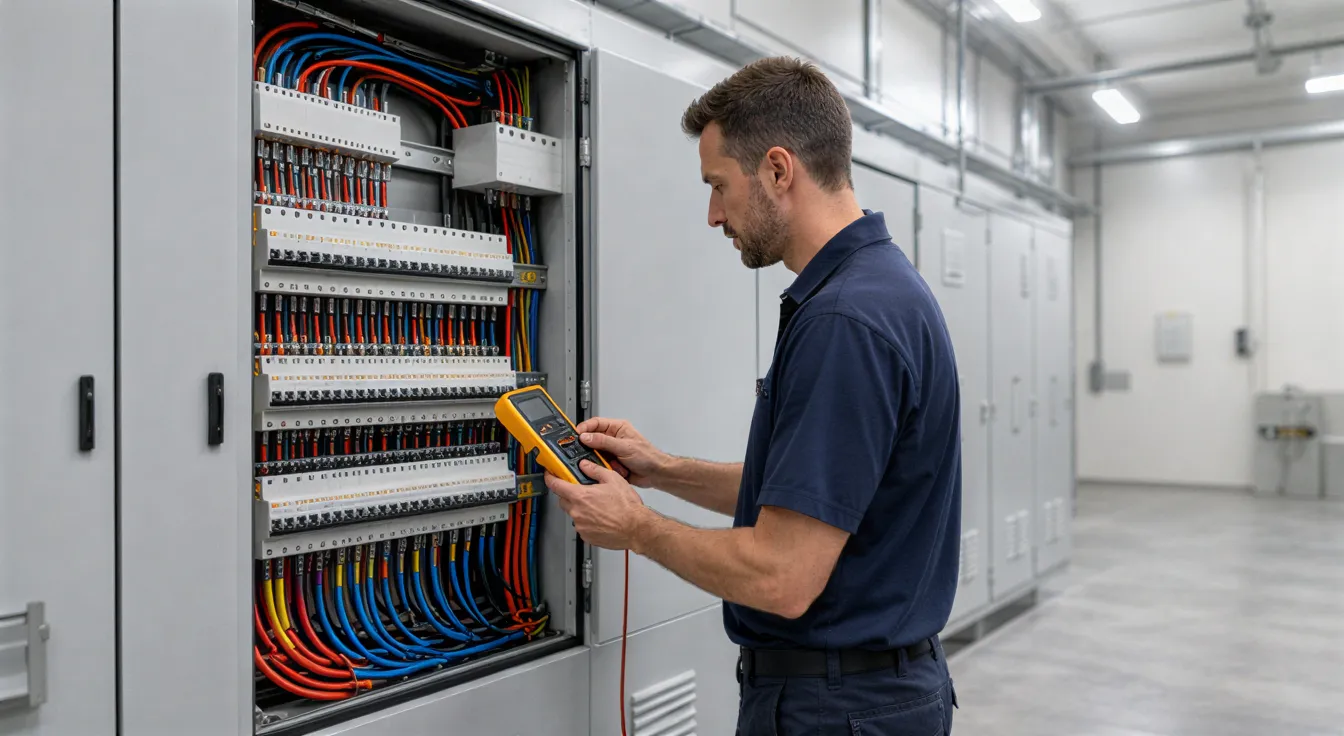 Ein Elektriker prüft mit einem Multimeter eine moderne, farbig verkabelte Verteileranlage in einem sauberen Technikraum.