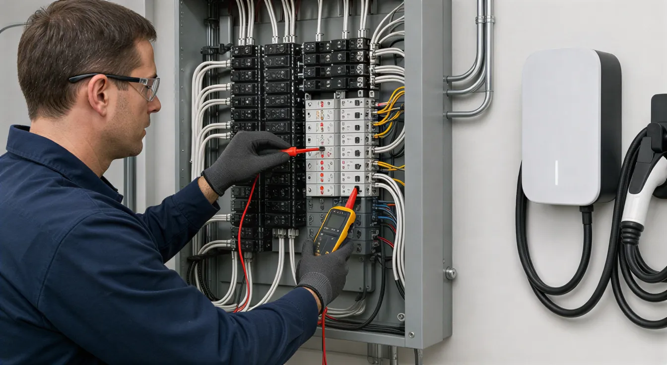 Ein Elektriker installiert einen intelligenten Leistungsschalter in einem sauberen, modernen Elektroverteiler.