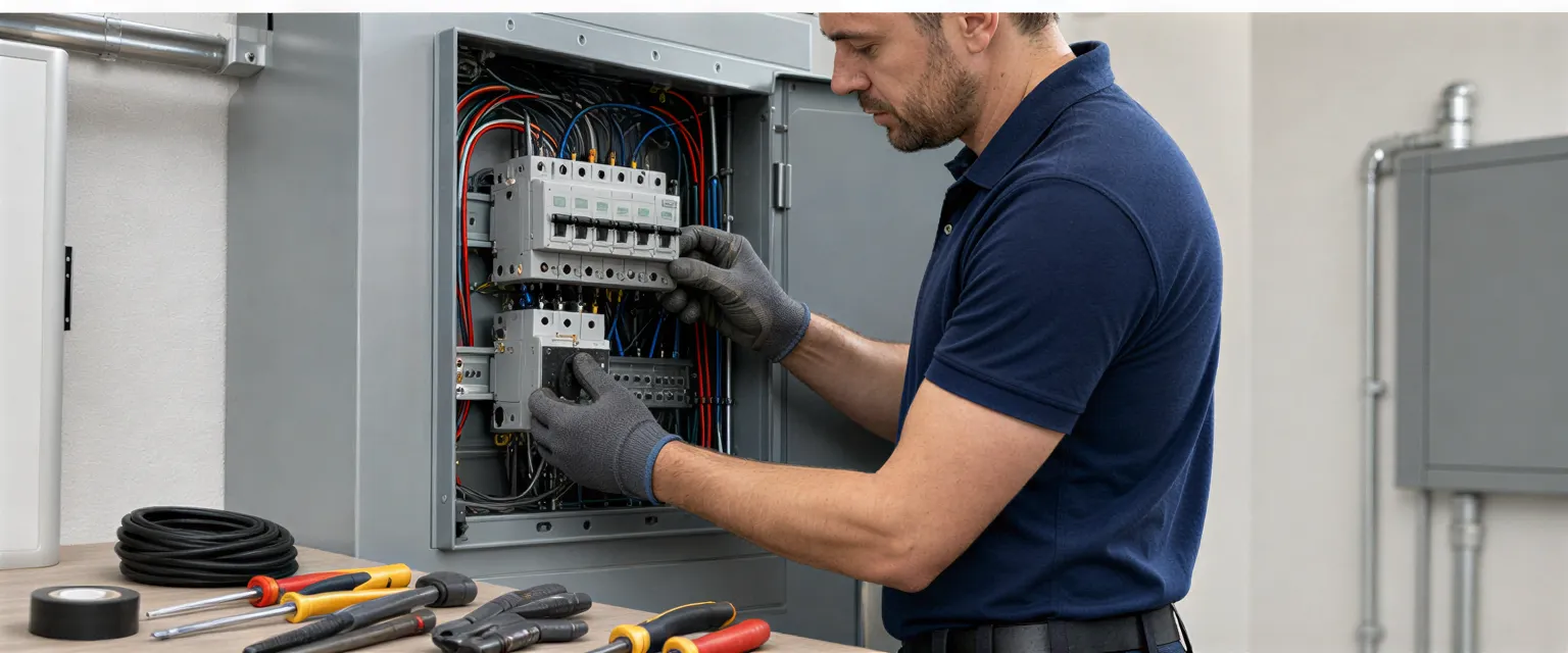 Ein Elektriker installiert einen modernen Sicherungsautomaten in einen grauen Verteilerkasten mit ordentlichen Kabeln.