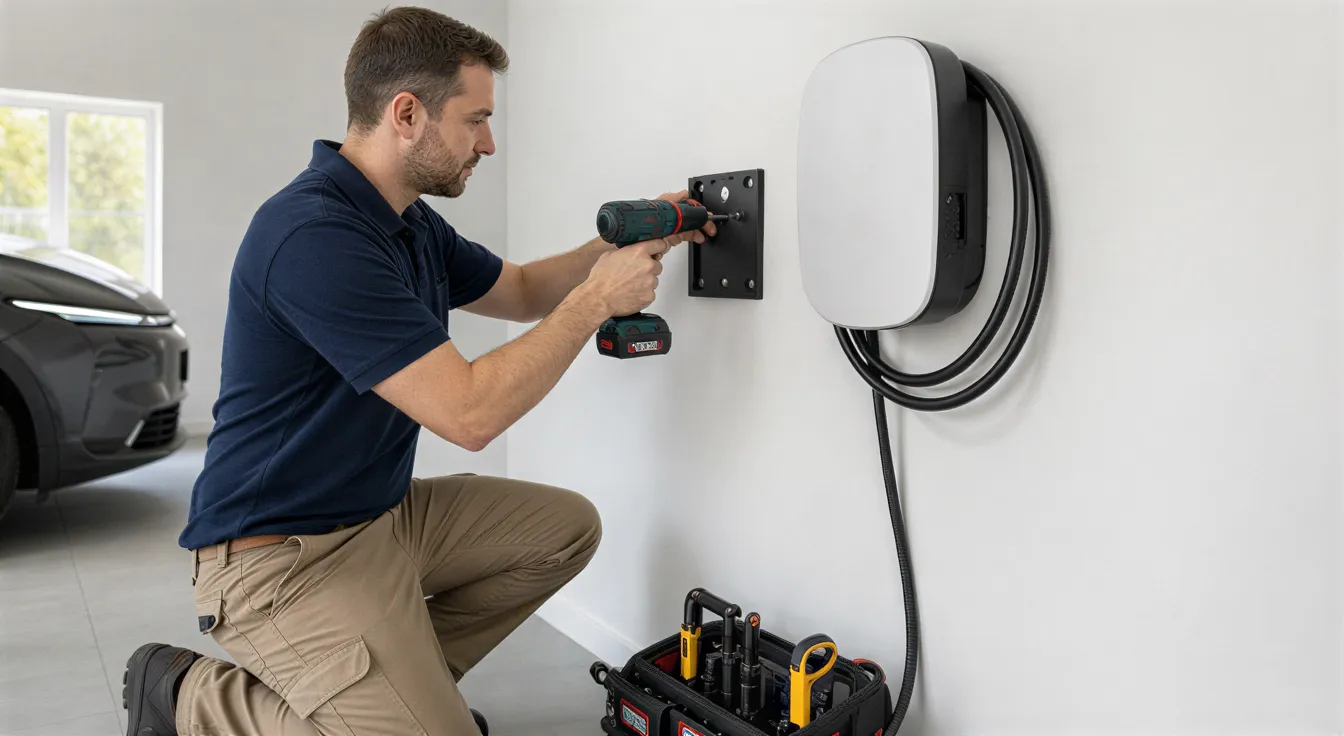 Ein Elektriker installiert eine Wandladestation für Elektroautos an einer weißen Garagenwand.