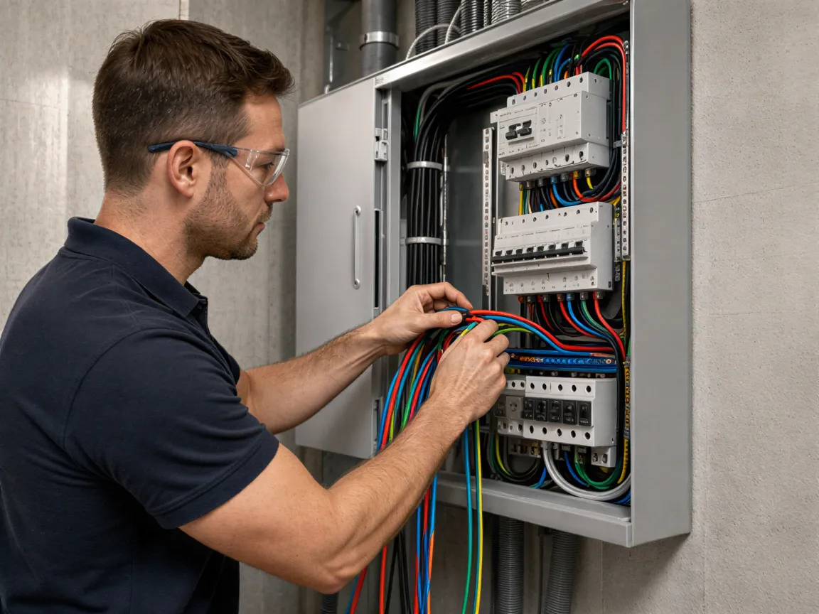 Ein Elektriker in einem modernen Technikraum schließt mehrfarbige Kabel an eine saubere Verteilerdose an.