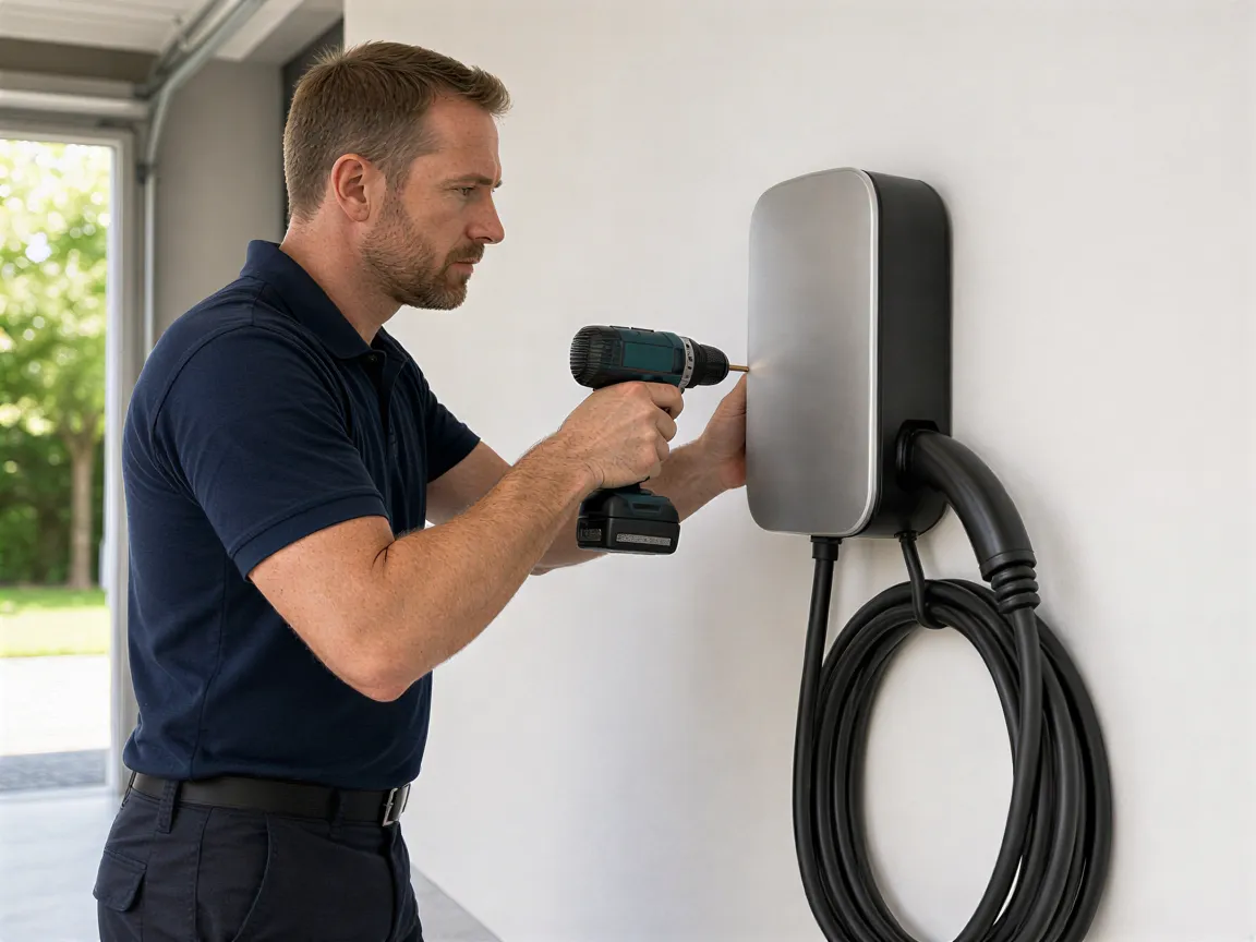 Ein Elektriker installiert eine moderne Wallbox für Elektroautos an einer weißen Wand in einer Garage.