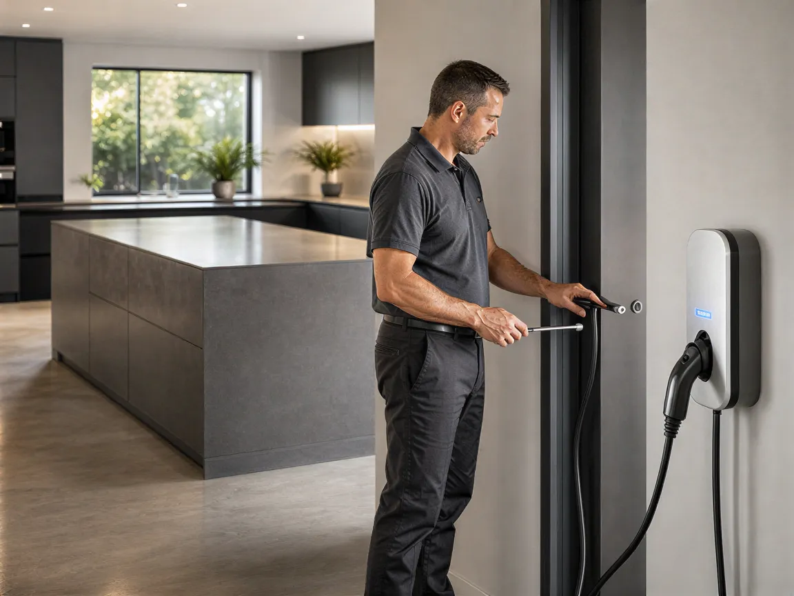 Ein Elektriker prüft eine diskret in die Küchenwand integrierte Wallbox für ein Elektroauto in einer modernen Küche.