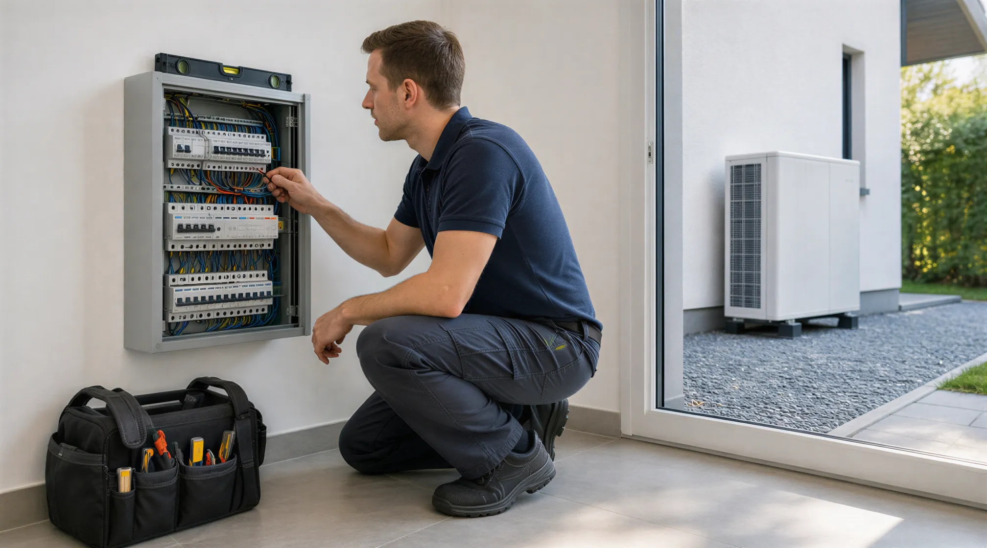 Ein Elektriker prüft einen modernen Sicherungskasten in einem hellen Technikraum, im Hintergrund ist eine Wärmepumpe zu