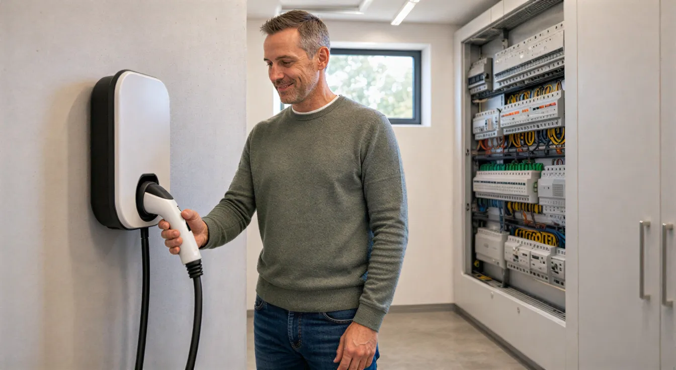 Ein Hausbesitzer berührt einen weißen Ladestecker an einer Wandladestation in einem modernen Elektroraum.