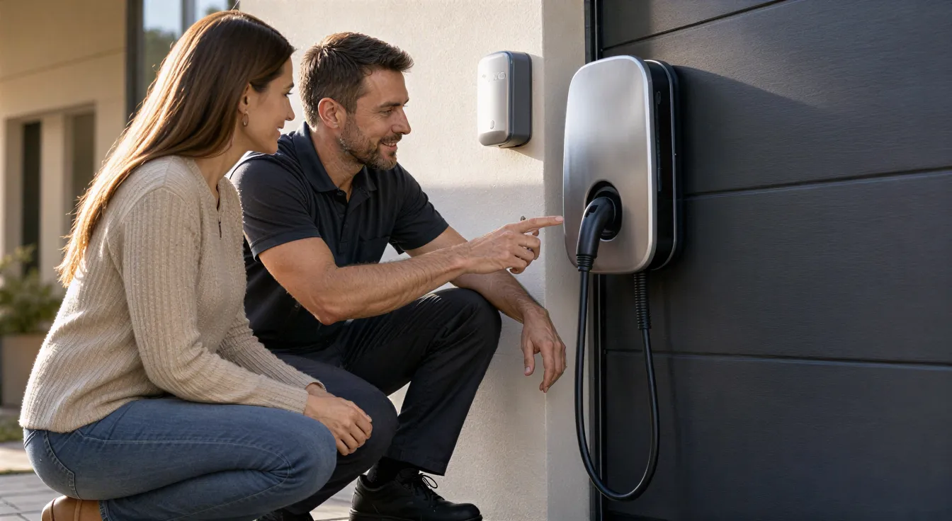 Ein Elektriker erklärt einem Hausbesitzer die neu installierte Wallbox für Elektroautos an der Garagenwand.