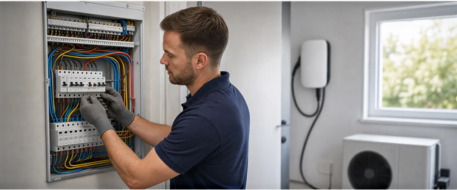 Ein Elektriker in Arbeitskleidung verkabelt einen modernen Sicherungskasten in einem hellen Technikraum.