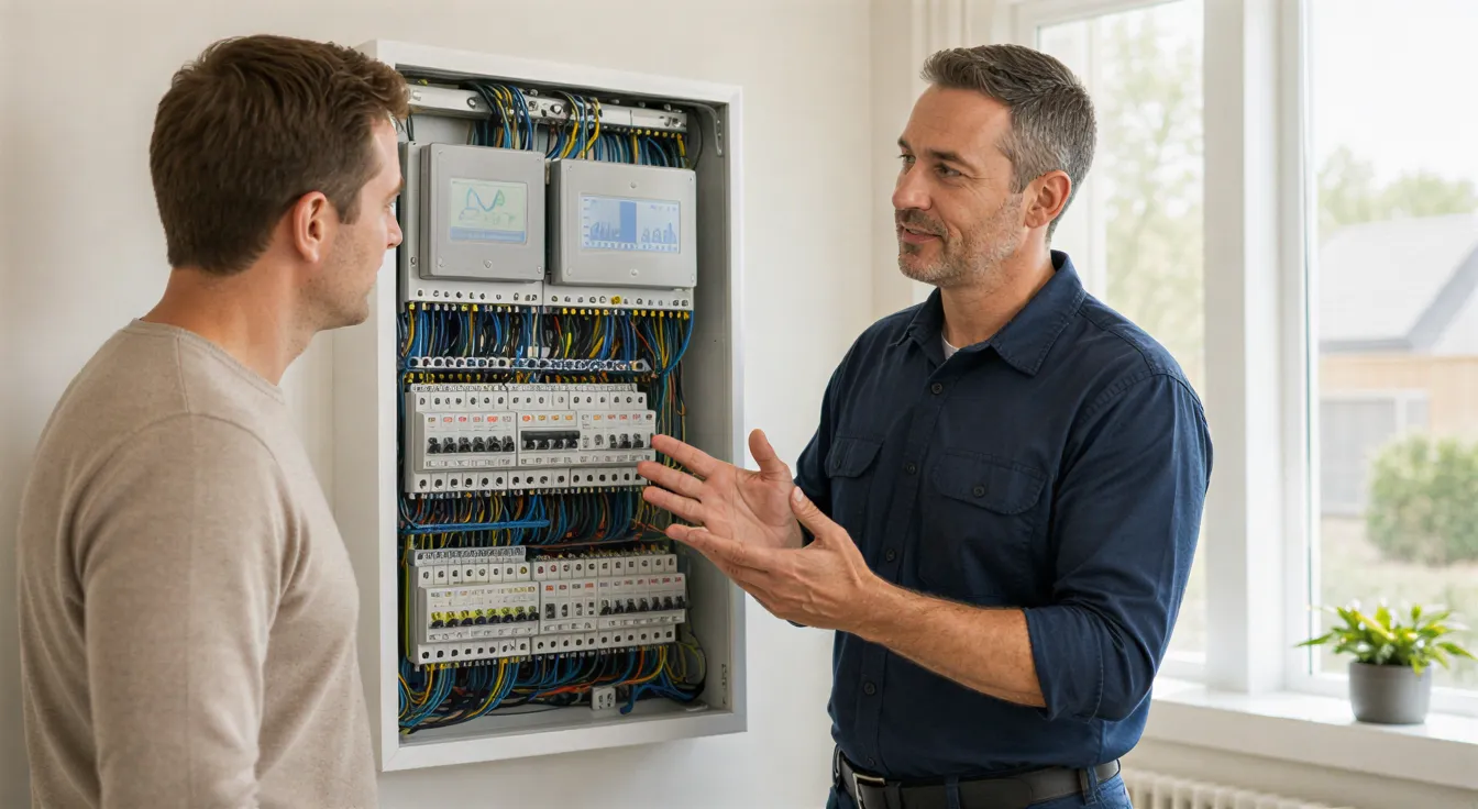 Ein Elektriker erklärt einem Hausbesitzer das moderne Sicherungskasten in einem hellen Technikraum.