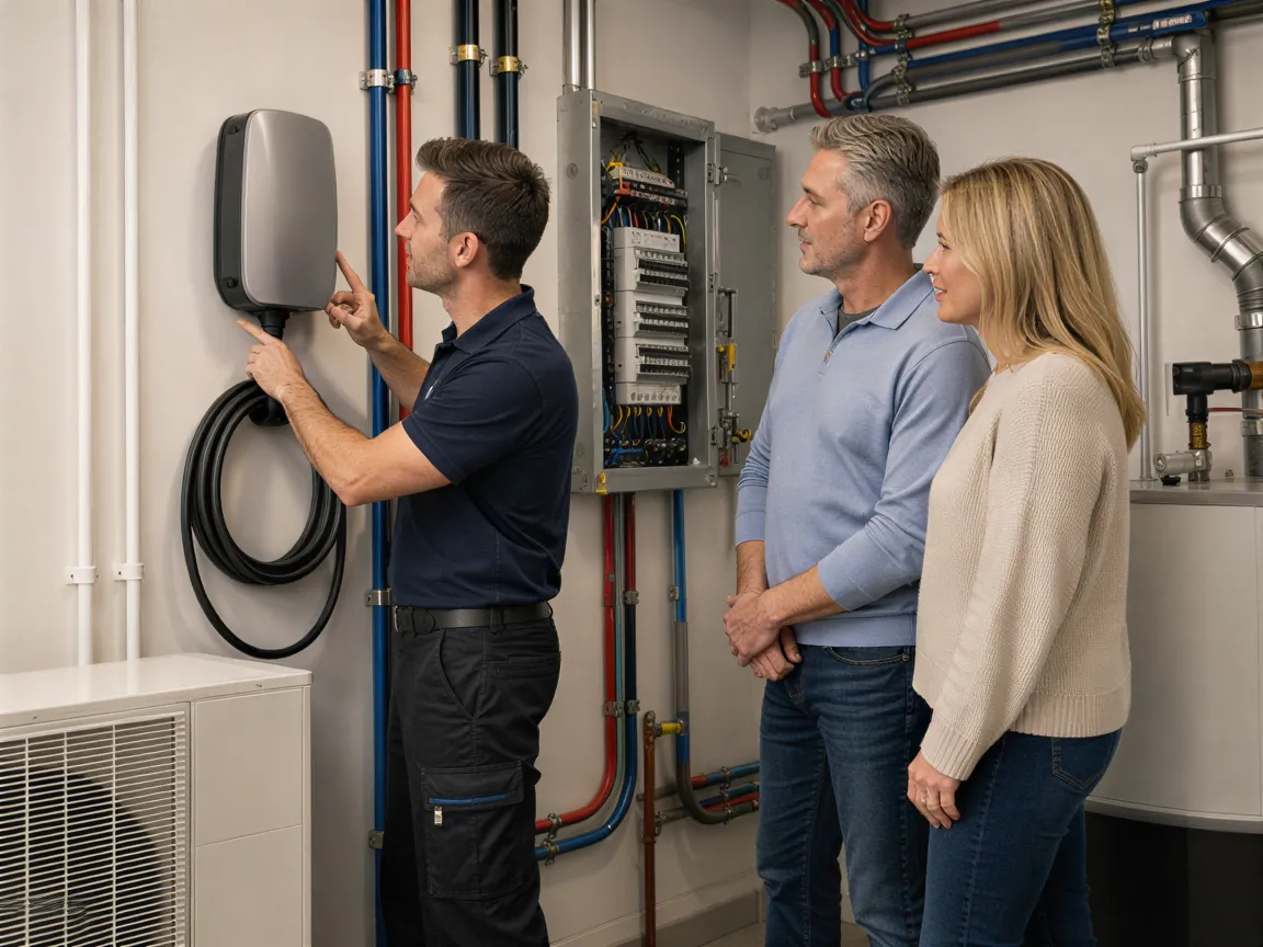 Ein Elektriker erklärt einwandfrei installierte Wallbox für Elektroauto einem zufriedenen Hausbesitzerpaar.