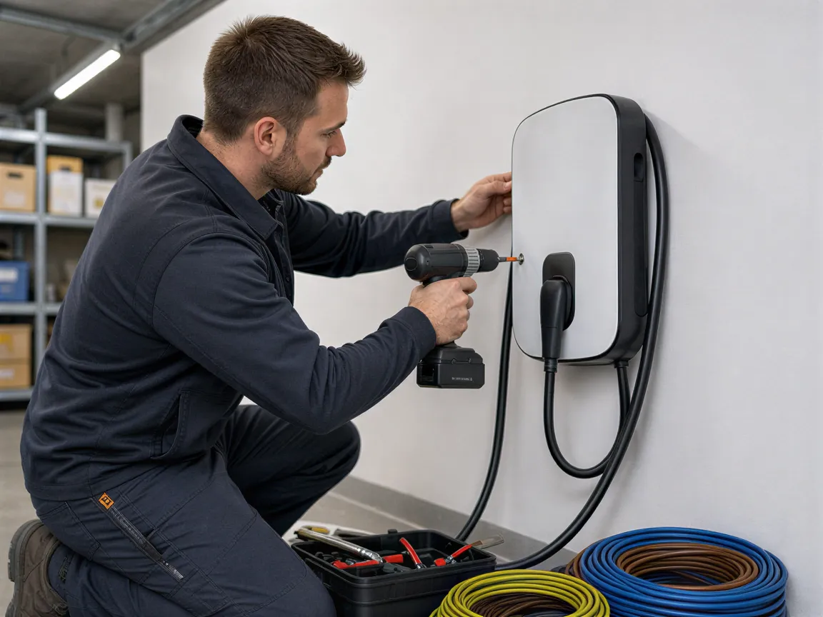 Ein Elektriker installiert eine moderne Wallbox für Elektroautos an einer sauberen Garagenwand.