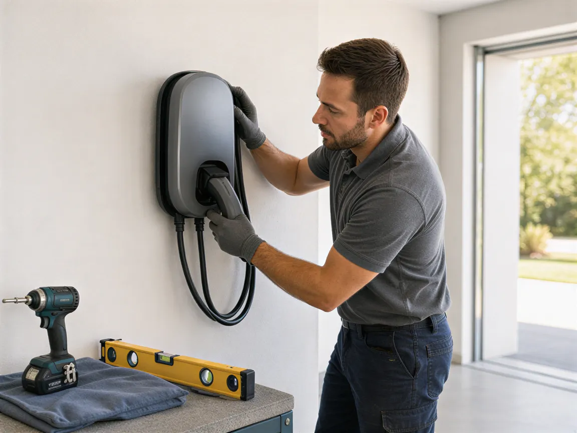 Ein Elektriker installiert eine moderne Wallbox für Elektroautos an einer hellen Garagenwand.