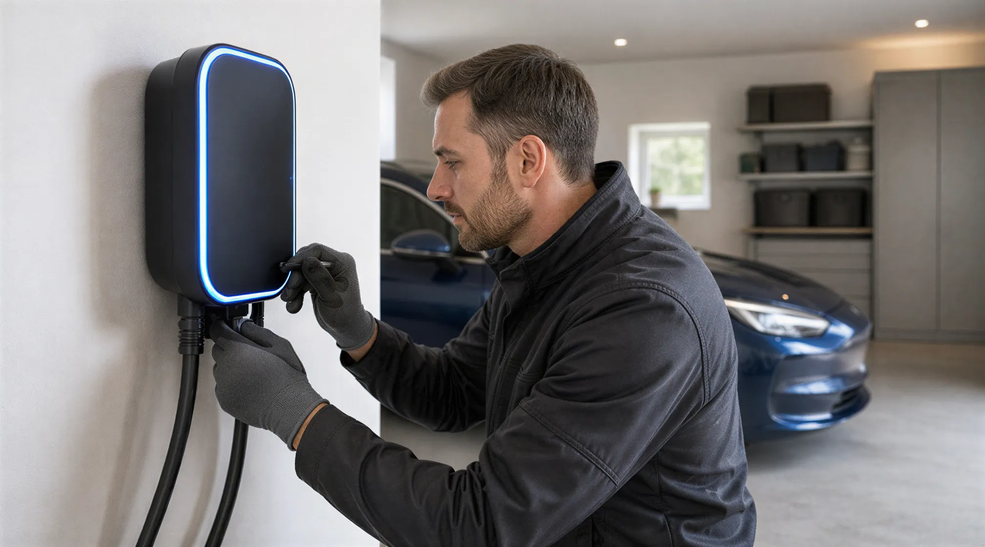 Ein Elektriker installiert eine moderne Wallbox für Elektroautos in einer sauberen Garage.