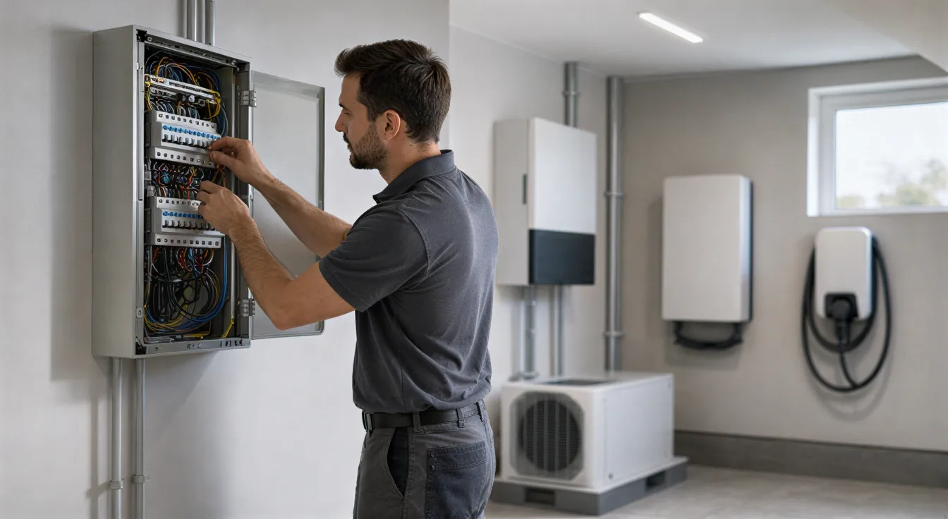 Ein Elektriker installiert einen modernen Verteilerkasten in einem sauberen Technikraum mit Wärmepumpe und Ladestation im