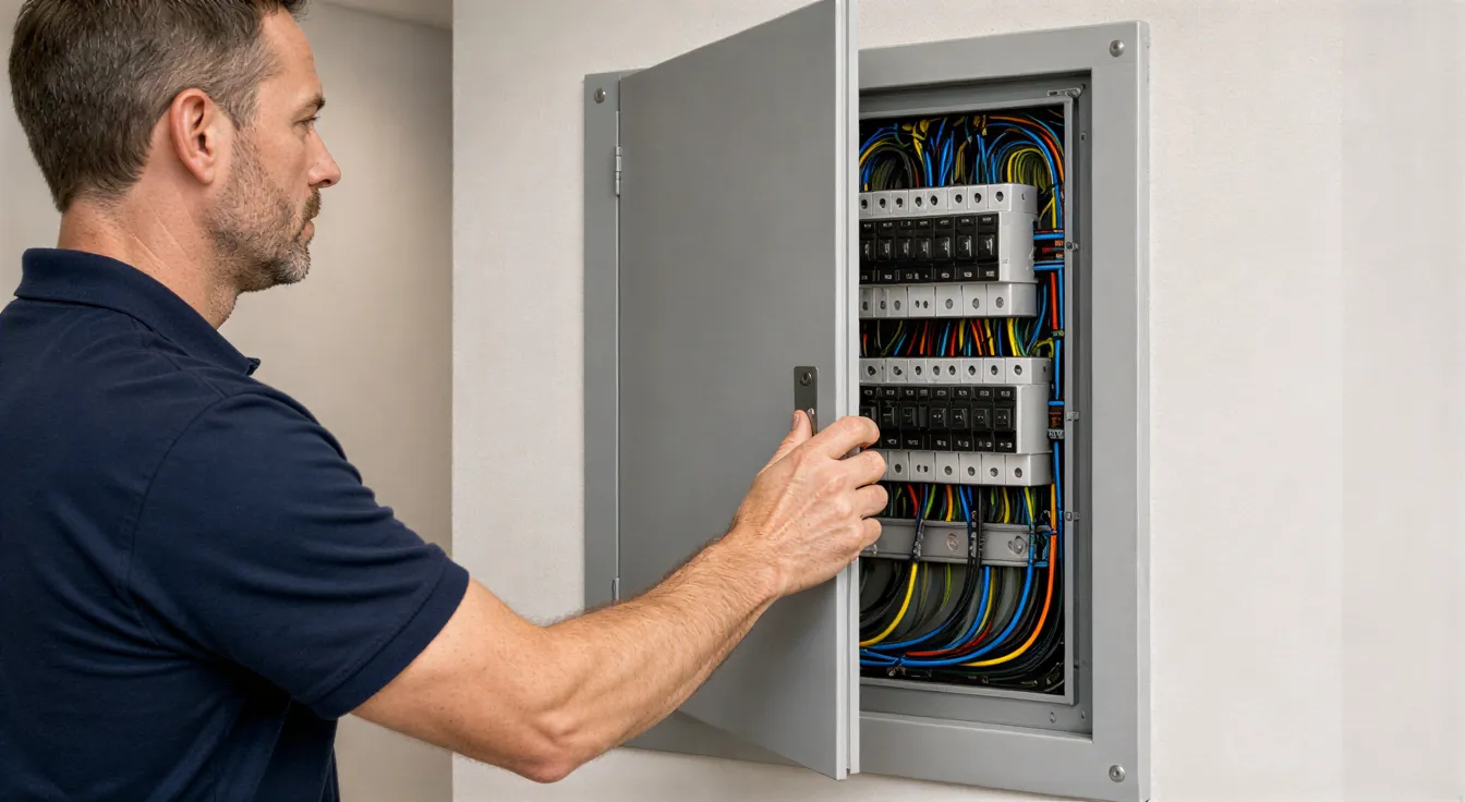 Ein Elektriker schließt die Tür eines grauen, modernen Sicherungskastens an einer hellen Wand.