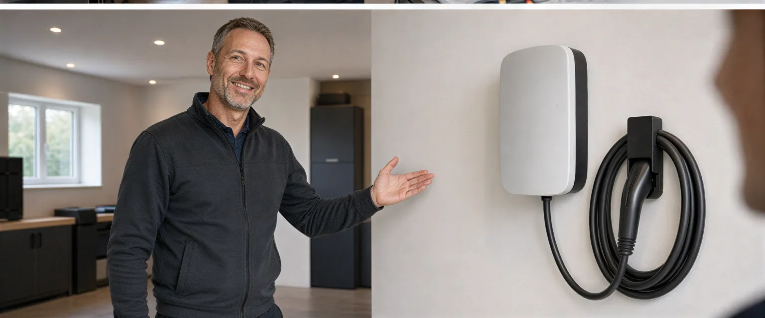 Ein Elektriker zeigt lächelnd eine moderne Wallbox für Elektroautos in einer sauberen Garage.