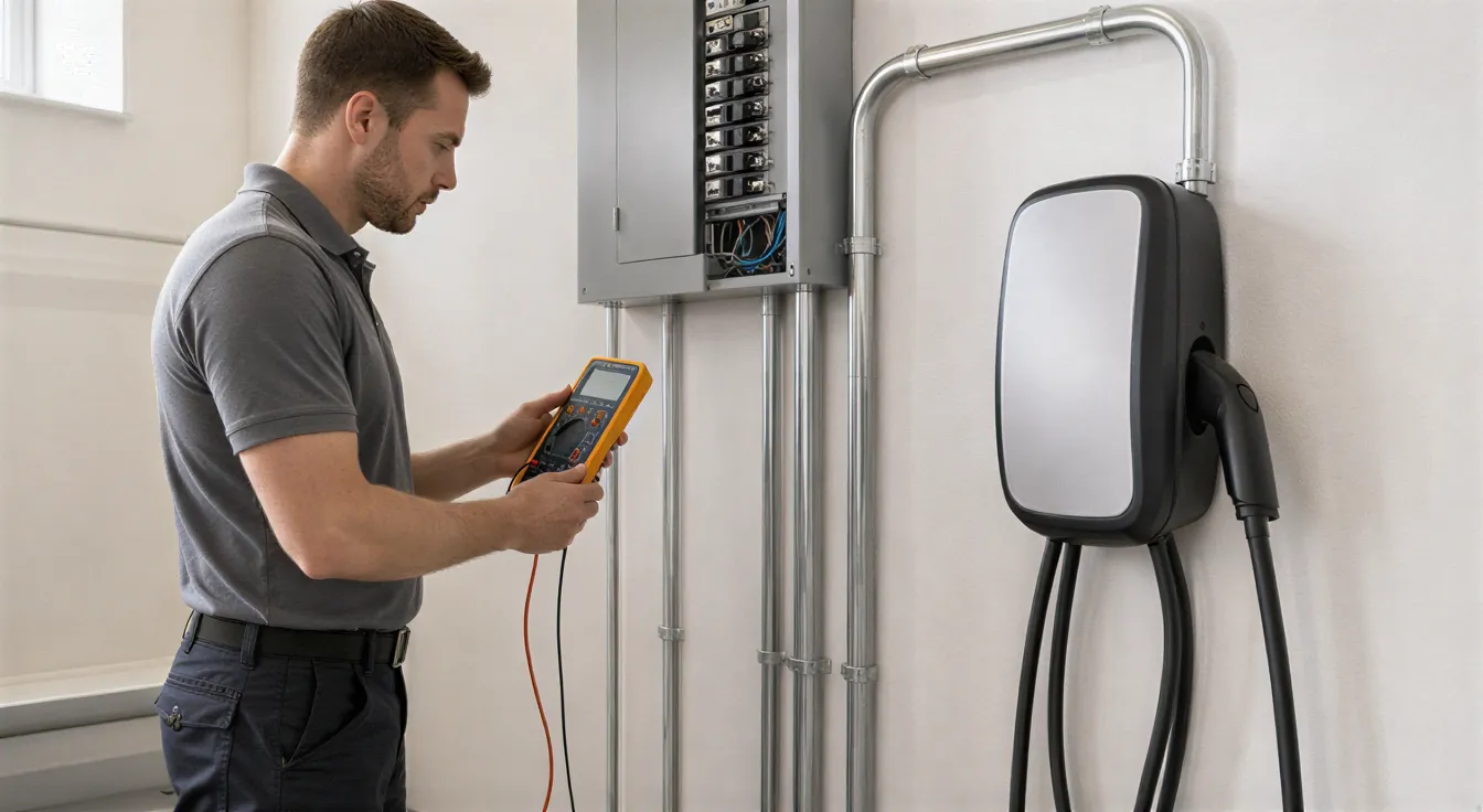 Ein Elektriker prüft mit einem Multimeter eine neu installierte Wandladestation für Elektroautos in einem sauberen