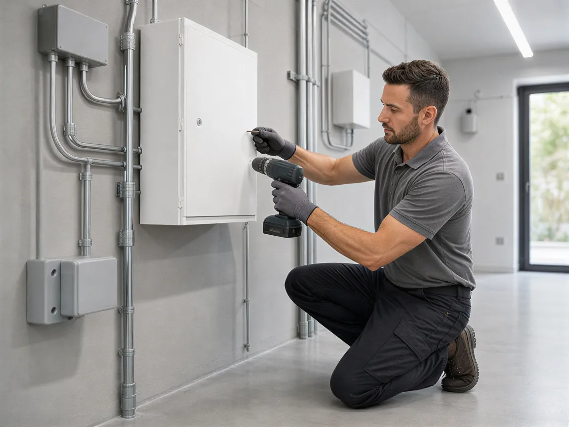 Ein Elektriker installiert ein weißes Wandschaltpult in einem hellen, modernen Technikraum.