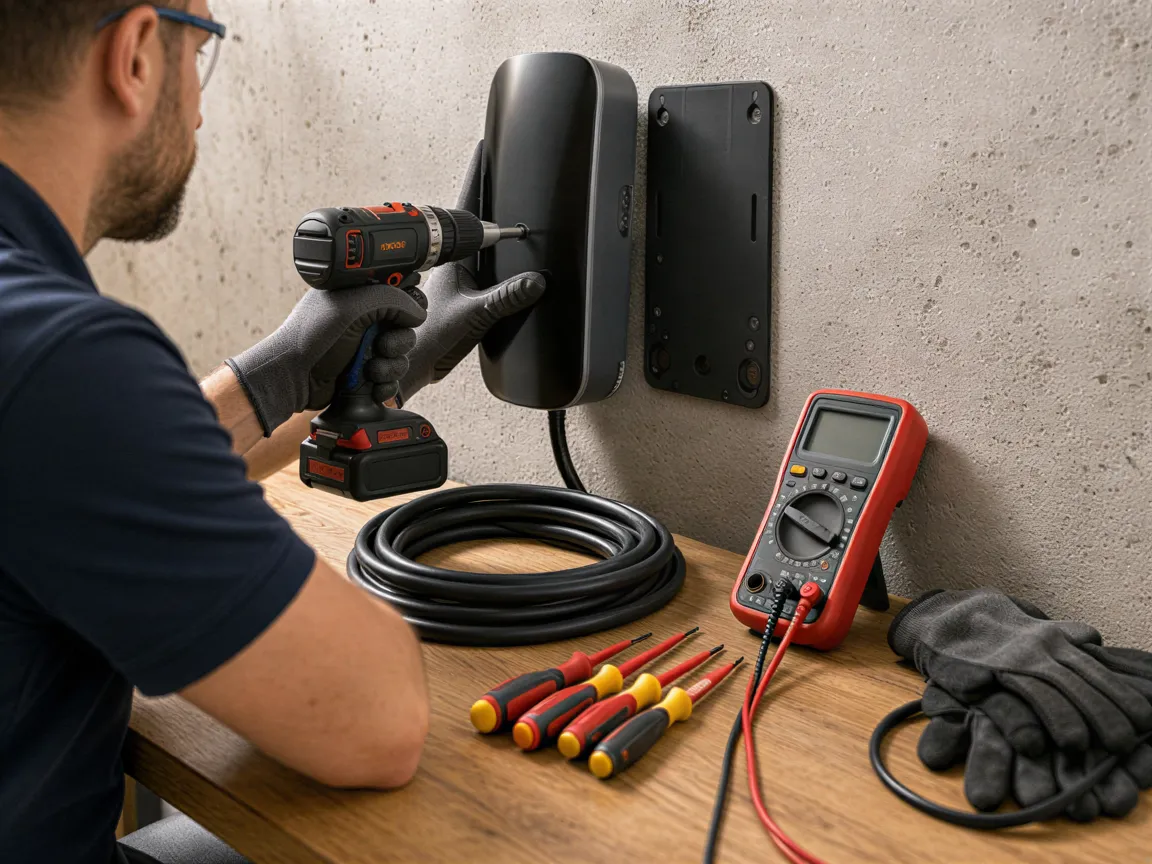 Ein Elektriker installiert eine Wandladestation in einer Garage, Werkzeuge liegen bereit.