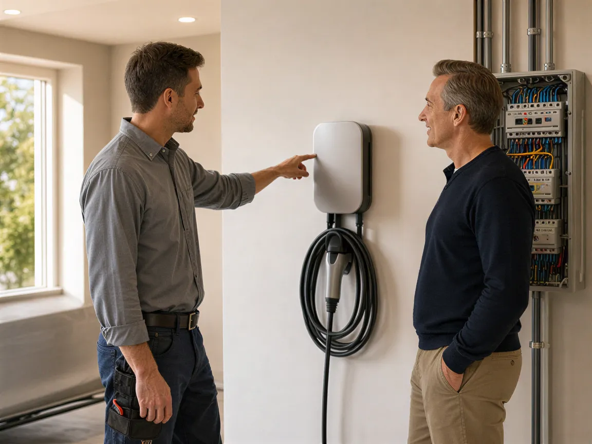 Ein Elektriker erklärt einem Hausbesitzer eine neu installierte Wallbox in einem sauberen, hellen Hauswirtschaftsraum.