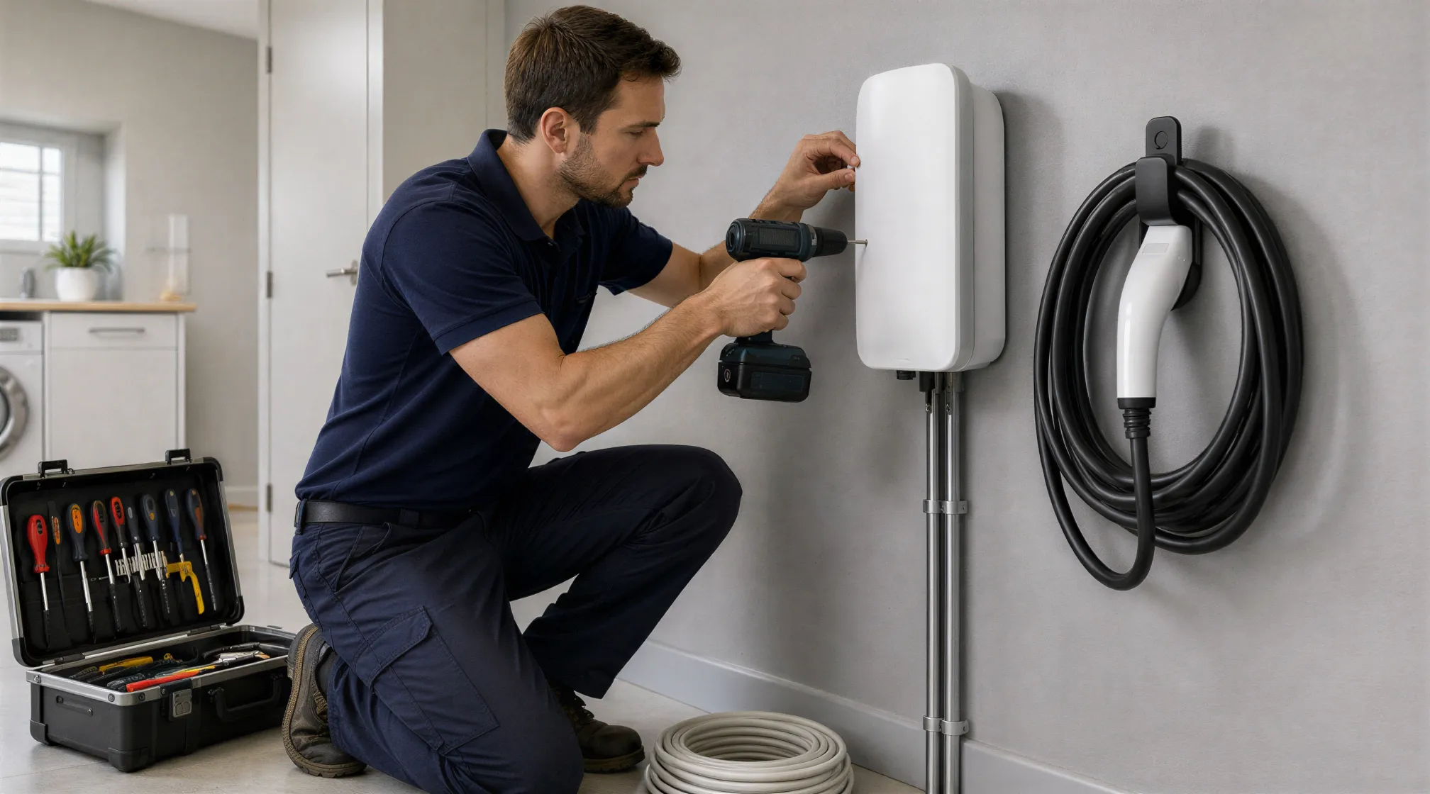 Ein Elektriker installiert eine weiße Wallbox für Elektroautos an einer grauen Wand in einem modernen Technikraum.