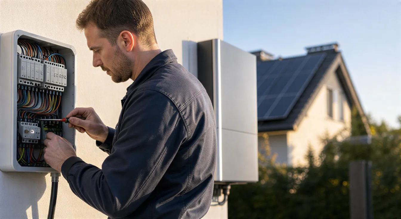Ein Elektriker verbindet Kabel in einem Verteilerkasten vor einer modernen Wärmepumpe und Solaranlage.