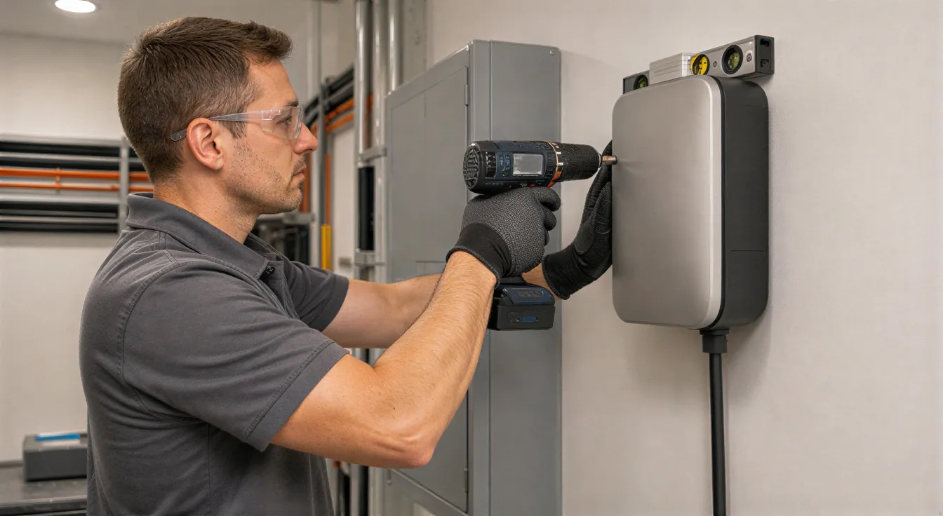 Ein Elektriker installiert eine moderne Wandladestation für Elektrofahrzeuge an einer sauberen Wohnungswand.